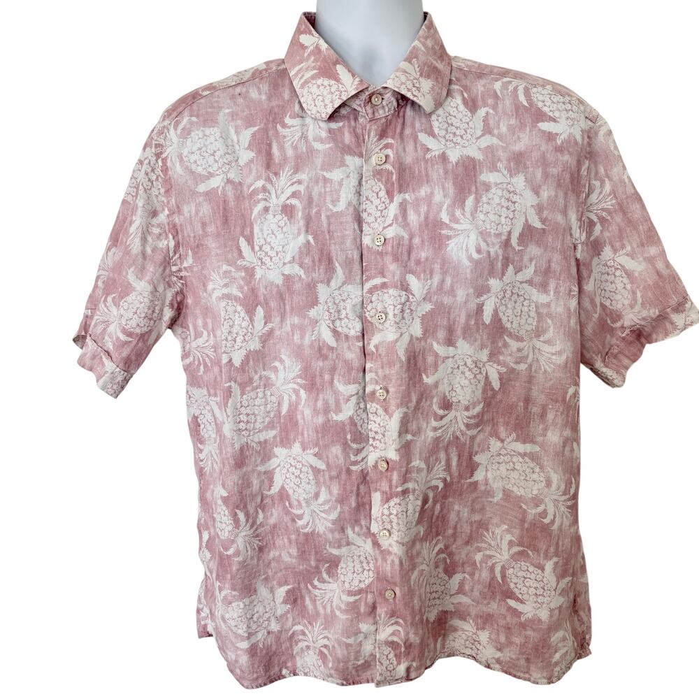 SAND Copenhagen 100% Linen Pink Tropical Pineapple Print Shirt Coastal Grandpa